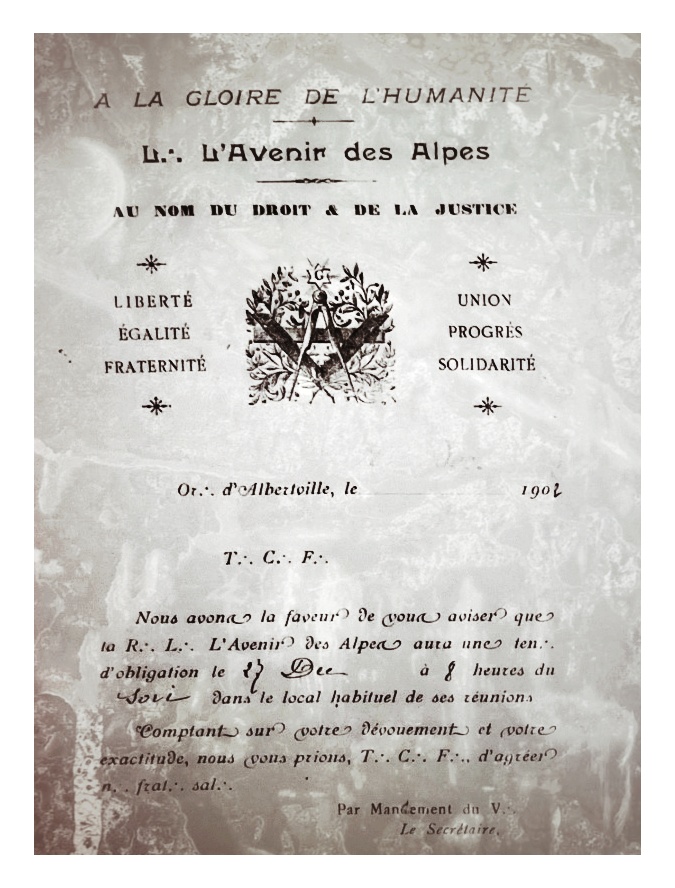 Création de la loge l'Avenir des Alpes 1902. Albertville. Savie. GODF.