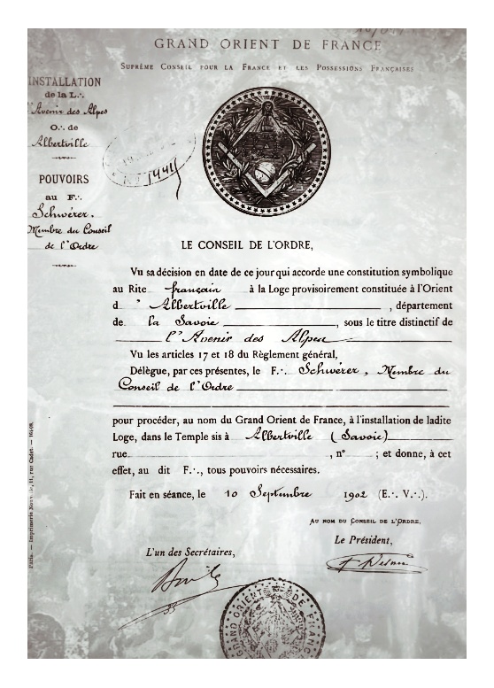 Création de la loge l'Avenir des Alpes en 1902 à Albertville en Savoie. GODF.