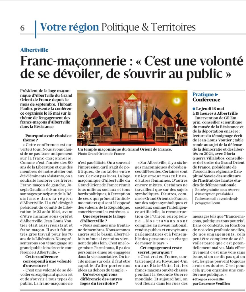 Conférence de l'Avenir des Alpes sur l'engagement des francs-maçons d'Albertville dans la Résistance. Article du Dauphiné .