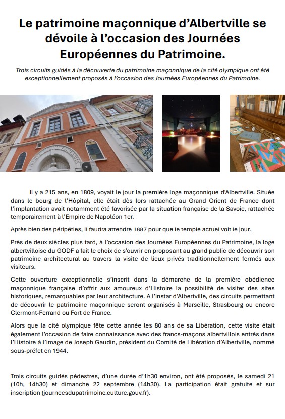 Communiqué  de participation de l'Avenir des Alpes aux journées européennes du patrimoine 2024.